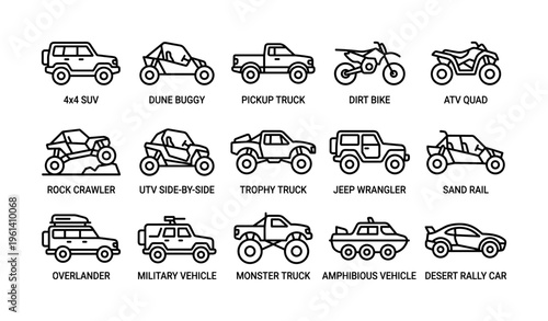 Collection of off-road vehicles: suvs, buggies, motorcycles, and trucks
