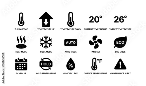 Smart thermostat interface icons for temperature control and home automation