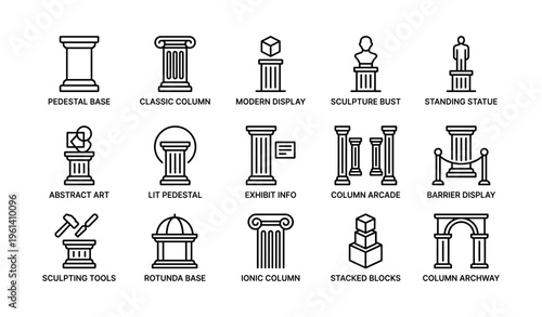Classical and modern columns display with sculptures and pedestals
