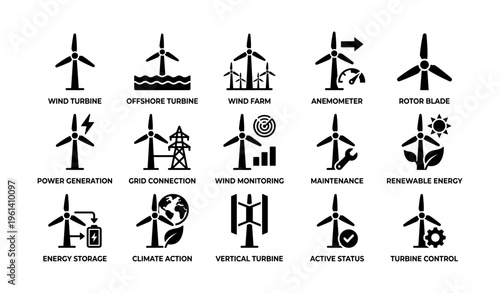 Wind turbine icons collection: renewable energy and power generation symbols