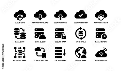 Cloud data sync and storage icons collection for network solutions