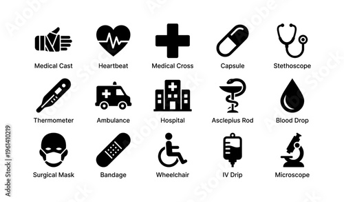 Set of medical and healthcare icons including heartbeat, ambulance, microscope, and more