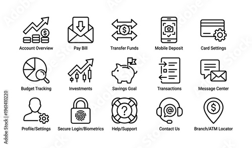 Digital banking interface icons set for finance management and transactions
