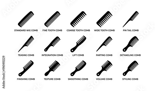 Variety of hair combs: standard, fine tooth, coarse, wide tooth, pin tail, teasing, integration, lift