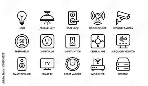 Smart home devices icons set: light, security, automation, monitoring, connectivity