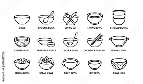 Various bowl types icon set: spoon, chopsticks, dining, mixing, salad, stacked