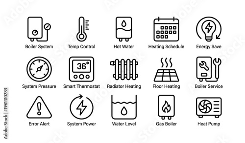 Home heating system icons: boiler, thermostat, radiator, energy save, maintenance