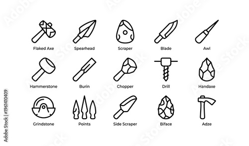 Vector icons of primitive stone tools: axe, spearhead, scraper, blade, awl