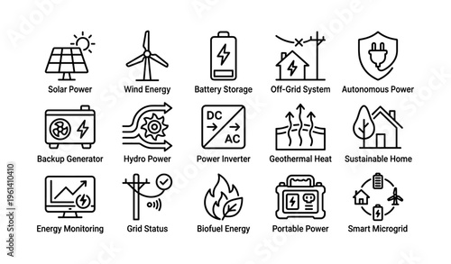 Renewable energy icons featuring solar wind battery power and more
