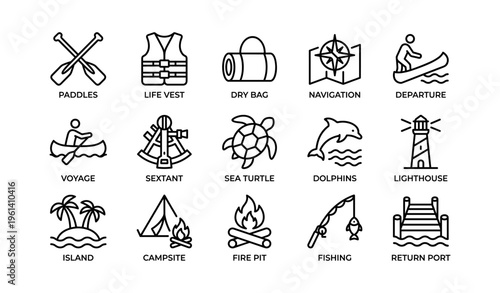 Nautical adventure icons: paddles, life vest, sextant, navigation, fishing