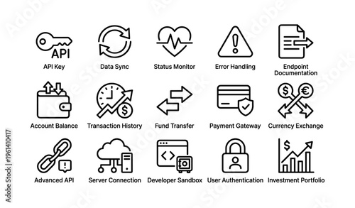 Financial technology icons representing api, data sync, and security elements