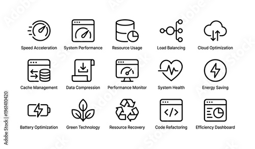 Icons representing speed, system performance, cloud optimization, and energy saving concepts