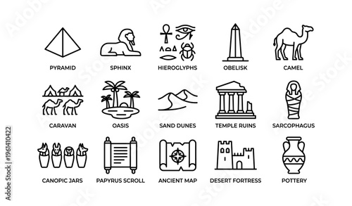 Ancient egypt symbols pyramid sphinx hieroglyphs obelisk camel oasis temple ruins