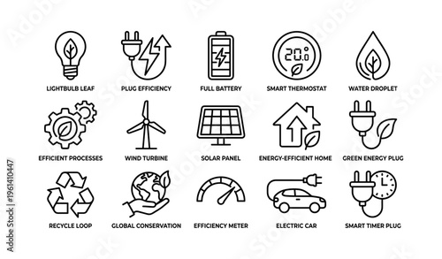 Eco-friendly technology icons: energy, sustainability, renewable solutions, efficiency