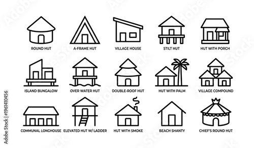 Various traditional hut and house designs including round, a-frame, and stilt structures