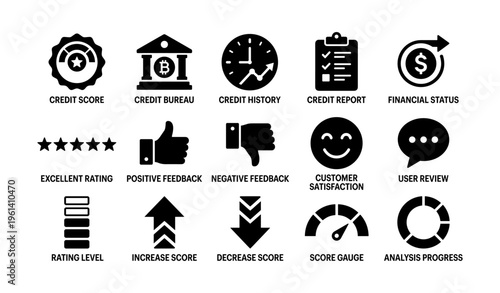 Financial icons: credit score, report, analysis, satisfaction, feedback indicators