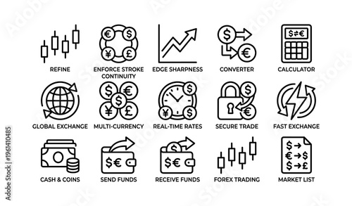 Financial icons: currency exchange, trading, security, and calculation