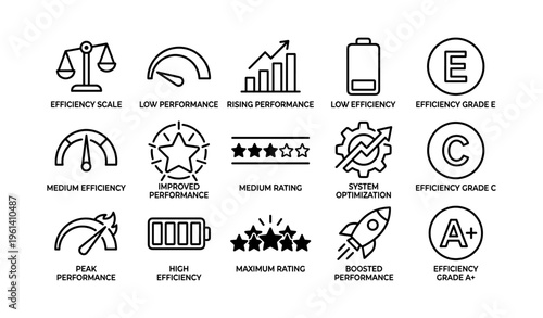 Efficiency metrics icons: scales, performance graphs, ratings, battery levels, and system optimization