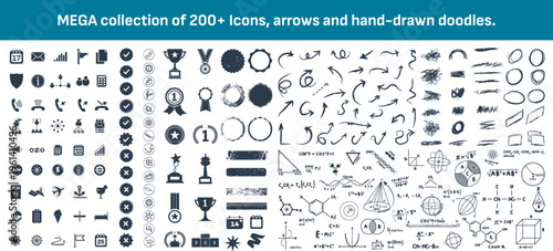 Big collection of business icons, hand-drawn arrows and science formulas. Set features a useful kit of marketing and technology icons, badges, trophies and educational diagrams.