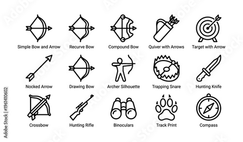 Archery and hunting icons: bows, arrows, quiver, and hunting tools illustration