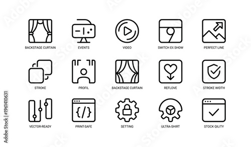 Minimalist icon set featuring curtains, events, video, and settings themes