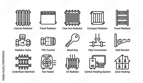 Illustrated heating system components and radiator icons set