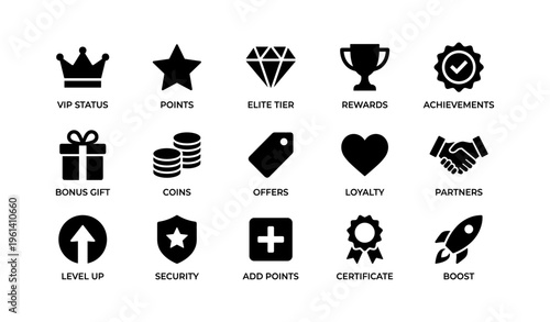 Icons of vip status, rewards, and achievements in black and white