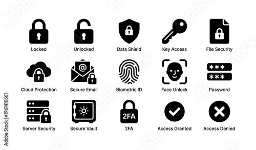 Security icon set featuring lock, shield, key, biometric id, and server security symbols