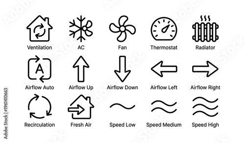 Home climate control icons: ventilation, ac, fan, thermostat, radiator, airflow, recirculation