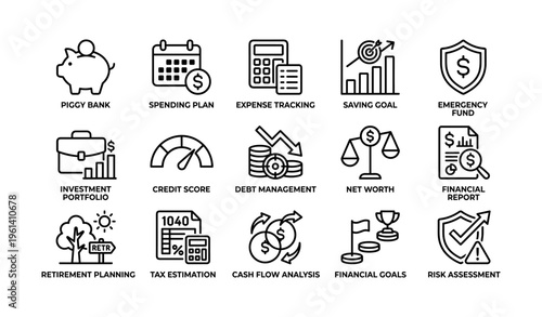 Financial icons set including piggy bank, spending plan, credit score, and cash flow analysis