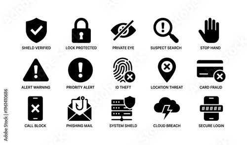 Security icons set: shield, lock, privacy, alerts, phishing, system, cloud