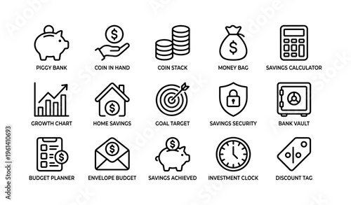 Finance icon set with piggy bank, coin, money bag, calculator, security, budget tools