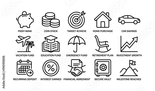 Financial icons for savings and investment planning