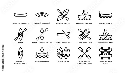 Various canoe and kayak icons including paddling, rowing, and storage elements