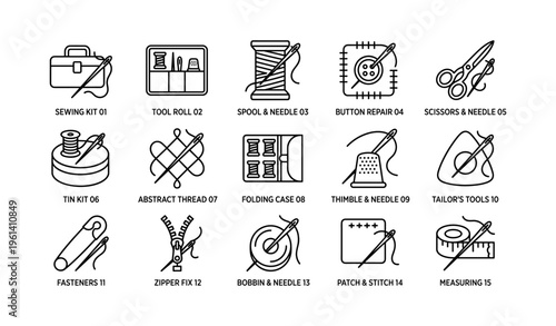 Sewing tools icons set with needle, thread, scissors, thimble, zipper, and measuring tape