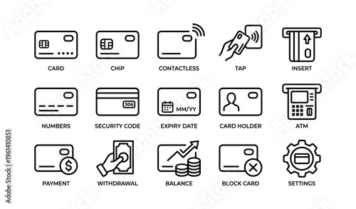 Credit card icon set: contactless, security, atm, payment, balance