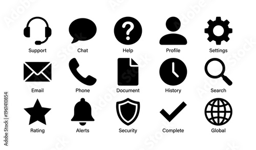 Icons set representing communication, settings, and security themes