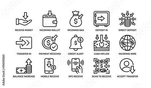Financial transactions icons: receive money, incoming wallet, direct deposit, mobile, nfc