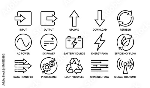 Set of technology icons: input output upload download power recycle signal