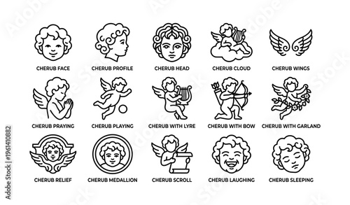 Variety of cherub icons displaying diverse activities and expressions