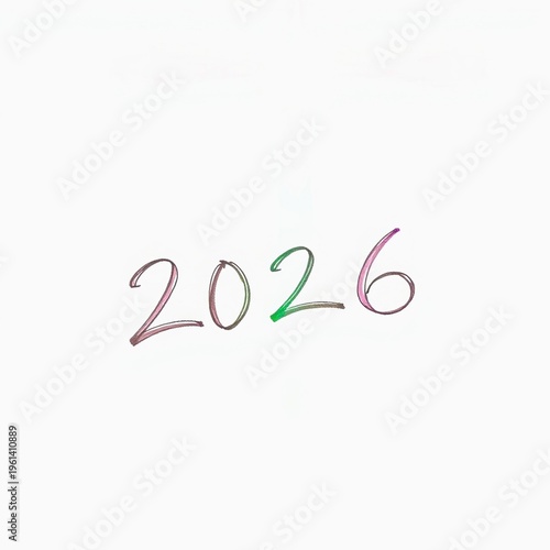 Handwritten 2026 in loose calligraphic strokes with subtle shading and soft gradient: muted red brown for first two digits, green for the center pair, and pink purple for final digit on white