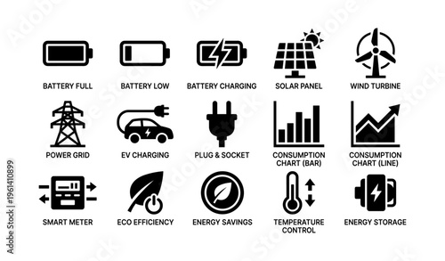 Renewable energy icons: battery, solar panel, wind turbine, ev charging