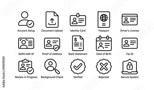 Id verification icons: account setup, documents, proof, security, verification