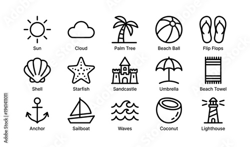 Vector line art illustrations of beach icons including palm tree, sailboat, and coconut