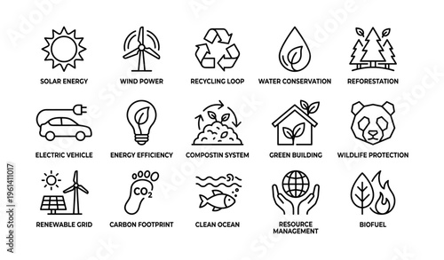 Eco-friendly icons: solar, wind, recycling, conservation, electric vehicles, green building, wildlife