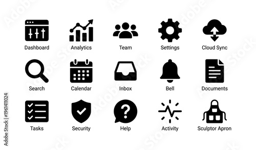 Dashboard and analytics icons: settings, cloud sync, and more