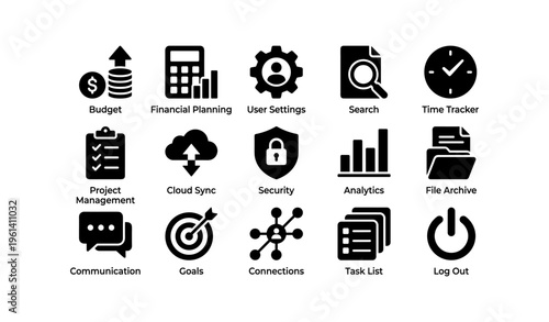 Business and productivity icons: budget, cloud sync, analytics, security