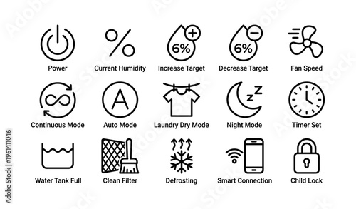 Home appliance control icons for power, humidity, timer, and more