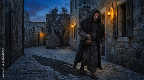 Judas walking through narrow Jerusalem streets at dusk holding a bag of coins. Biblical scene of betrayal. Man in hooded robe in ancient stone alleyway with lanterns
