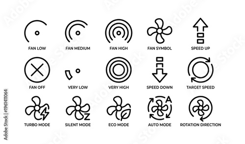Fan control icons set: modes, speeds, indicators for user interface